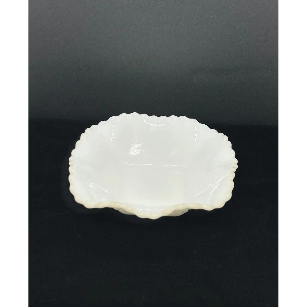 Vintage White Milk Glass Scalloped Ruffled Bowl Lattice Diamond Quilted 6.5 Inch